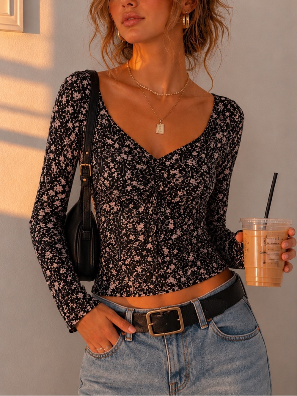Almost Famous Black Floral Ruched Long Sleeve Top Size L NWT